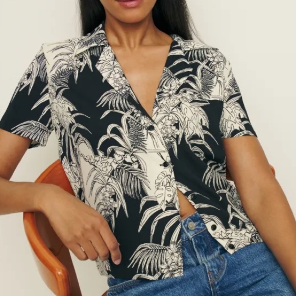 Reformation Black and Cream Tropical Button-Down Shirt